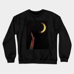 Digital collage and special processing. Hand pointing to the moon. Very beautiful. Violet and orange.. Crewneck Sweatshirt